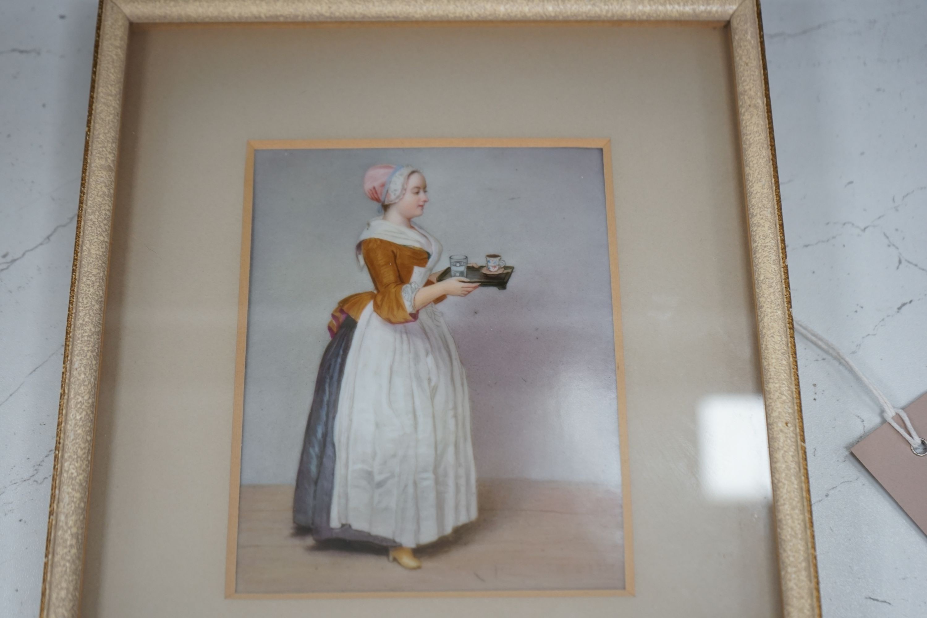 A late 19th century Dresden porcelain plaque of the chocolate girl, after Jean-Étienne Liotard, 14.5cm x 11cm